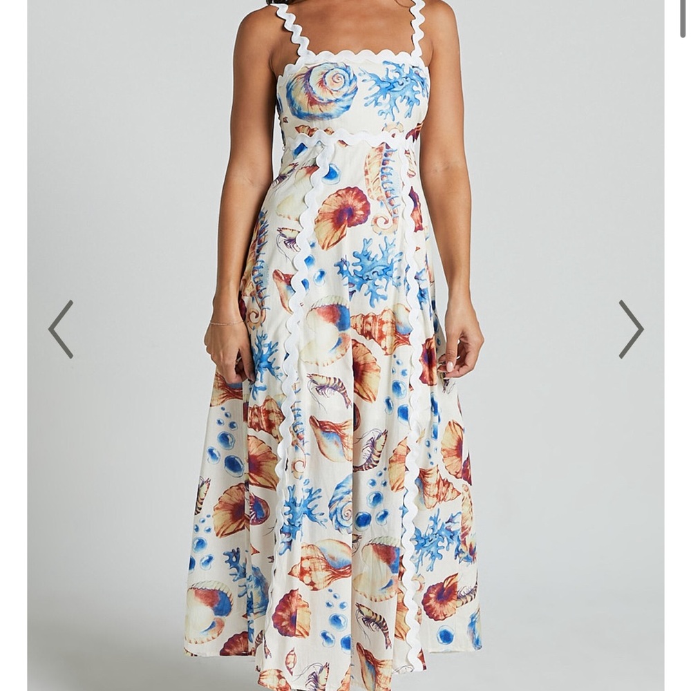 SHOWPO LANI MAXI DRESS - WAVY STRAP & NECK A LINE DRESS IN BLUE AND YELLOW PRINT